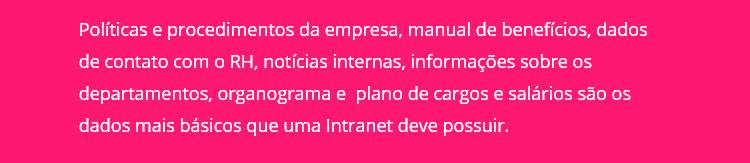 Políticas e procedimentos da empresa, manual de benefícios, dados de contato com o RH, notícias internas, informações sobre os departamentos, organograma e plano de cargos e salários são os dados mais básicos que uma intranet deve possuir.